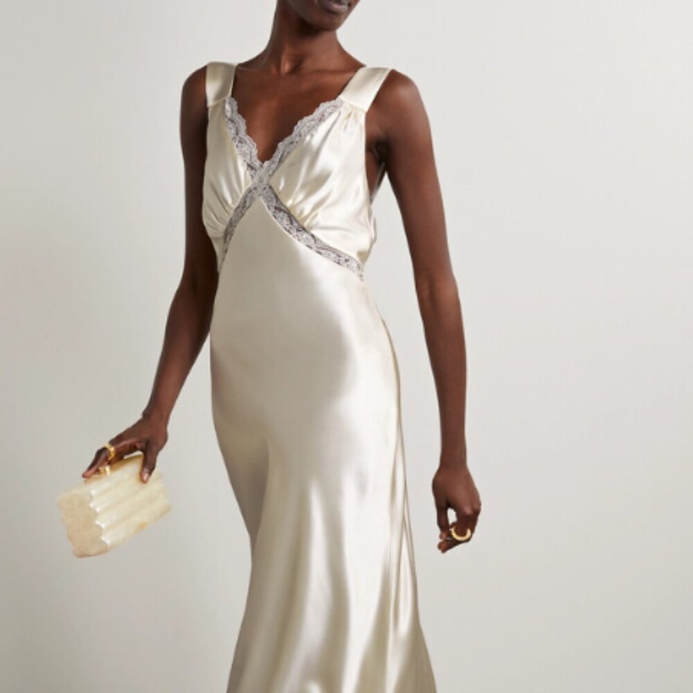 Reformation Ivory Satin Maxi Dress with Lace Accents